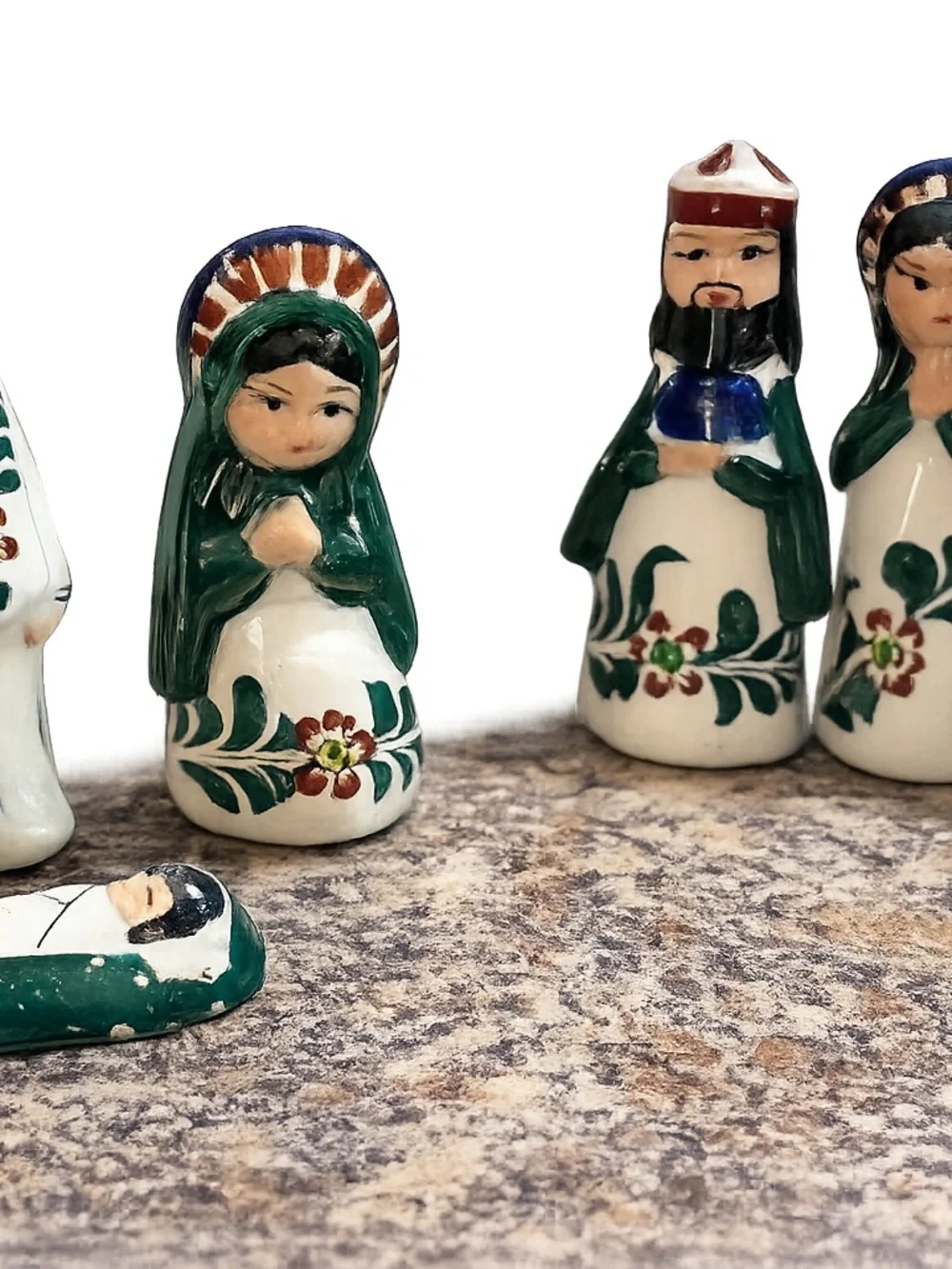 Hand-Painted Ceramic Nativity Figures in Cream and Green